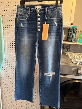 Risen Women's High-Rise Distressed Straight Jeans - Dark Blue